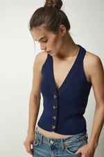 Happiness İstanbul Women's Navy Blue Halterneck Buttons Knitwear Vest