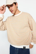 Trendyol Men's Beige Oversize Striped Sweatshirt with a Soft Pile Interior.