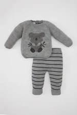 DEFACTO Baby Boy Long Sleeve Printed Knitwear Sweater Striped Bottom 2-Piece Set