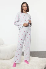 Trendyol Grey Melange Heart Slogan Printed Elastic Knitted Pajama Set