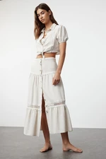 Trendyol Beige Midi Linen Look Skirt with Woven Ribbon Accessories