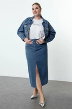 Trendyol Curve Blue Striped Slit Long Denim Plus Size Skirt