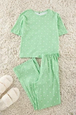 Trendyol Mint 100% Cotton Heart and Polka Dot Patterned Knitted Pajama Set