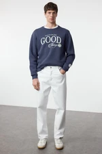 Trendyol Navy Blue Oversize/Wide Cut Polar Fleece Printed Sweatshirt