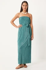 Happiness İstanbul Women's Green Strapless Belted Pleated Dress