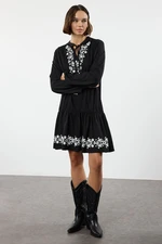 Trendyol Black Balloon Sleeve High Neck Printed A-line/Bell Dropped Mini Knitted Dress