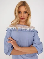 Blue and white formal blouse with lace