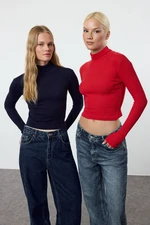 Trendyol Navy Blue-Red 2 Pack Fitted Half Fisherman Corded Stretchy Knitted Blouse