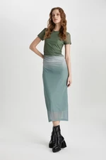 DEFACTO Bodycon Crew Neck Gradient Short Sleeve Midi Tulle Dress