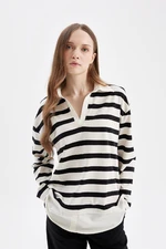 DEFACTO Women's Striped Polo Neck Hem Detailed Long Sleeve T-Shirt Tunic