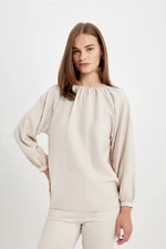 DEFACTO Women's Crew Neck Button Detail Raglan Sleeve Long Sleeve Blouse