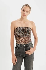 DEFACTO Leopard Print Strapless Tulle Blouse