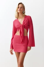 Trendyol Fuchsia Woven Tie-Up Blouse Skirt Set