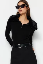 Trendyol Black Polo Neck Faux Fur Detailed Knitwear Sweater