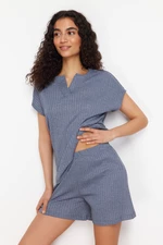 Trendyol Blue Cotton Ribbed Knitted Pajamas Set