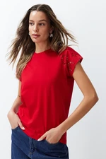 Trendyol Red Regular/Normal Fit Brode Detail Raglan Sleeve Knitted T-Shirt