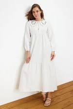 Trendyol Ecru Collar Embroidered Half Patch Linen Look Woven Dress