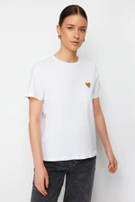 Trendyol White 100% Cotton Leaf/Glossy Heart Embroidery Regular/Normal Fit Knitted T-Shirt