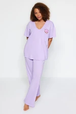 Trendyol Curve Lilac Printed, Pocket Detailed, Knitted Pajamas Set