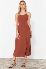 Trendyol Cinnamon Skirt Waist Opening Back Detail Midi Woven Dress