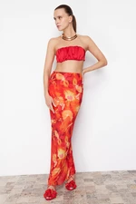 Trendyol Red-Multicolored Floral Patterned Lined Tulle Skirt