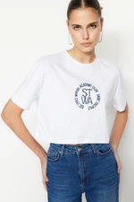 Trendyol White 100% Cotton Embroidered Crop Crew Neck Knitted T-Shirt