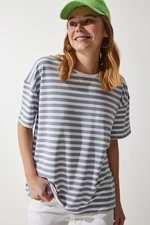 Happiness İstanbul Women's Gray Crew Neck Striped Oversize Knitted T-Shirt