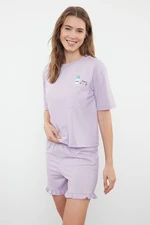 Trendyol Lilac Cotton Printed T-shirt-Shorts Knitted Pajama Set