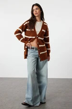 Trendyol Brown Wide Fit Soft Textured Striped Knitwear Cardigan