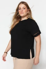 Trendyol Curve Black Knitted Crew Neck Lace Detailed T-Shirt