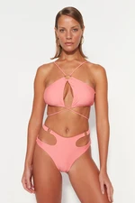 Trendyol High Waist normál lábú bikini alsó piros kiegészítőkkel