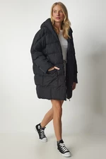 Happiness İstanbul Women's Black Oversized Down Jacket with a Hoodie