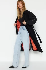 Trendyol Black Oversized Wide-Cut Belted Bomber Sleeve Detailed Long Stamped Coat