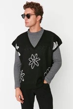 Trendyol Black Unisex Oversize Fit Wide Fit Floral Patterned Knitwear Sweater