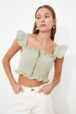 Trendyol Green Knitted Fitted Crop Zipper Detail Gingham Printed Blouse