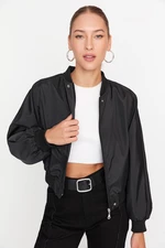 Trendyol Black Oversize Shirred Detail Vodotěsný Bomber Jacket Coat