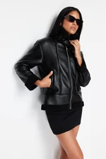 Trendyol Black Plush Detailed Faux Leather Coat