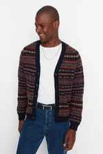 Trendyol Navy Blue Slim Fit Wool V Neck Jacquard Knitwear Cardigan