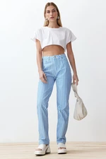 Trendyol Light Blue Striped High Waist Straight Jeans