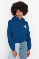 Trendyol Indigo Back with a Print Detailed Hoodie, Fleece Inner Knitted Sweatshirt