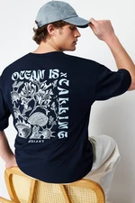 Trendyol Navy Blue Oversize/Wide Cut Back Embossed Text Printed 100% Cotton T-shirt