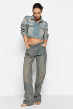 Trendyol modré světlé efekt vintage džíny s nízkým pasem a širokými nohavicemi