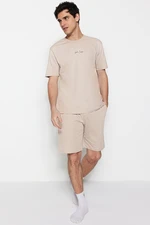 Trendyol Stone Regular Fit Crew Neck Pajama Set with Shorts