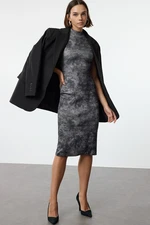 Trendyol Gray Mini Knitwear Washed Look Printed Dress