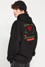 Trendyol Black Oversize/Wide Cut Hooded Printed and Embroidered Sweatshirt with Fleece Inside