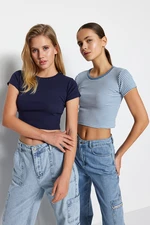 Trendyol Blue Stripe-Navy Blue Plain 2-Pack Fitted Crop Corduroy Knit Blouse