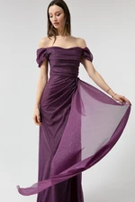 Lafaba Women's Plum Boat Neck Draped Long Glittery Evening Dress with a Slit.