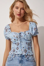 Happiness İstanbul Women's Sky Blue Floral Gathered Collar Knitted Crop Blouse