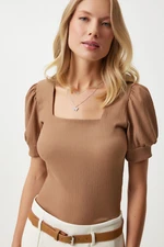 Happiness İstanbul Women's Camel Square Collar Balloon Sleeve Knitted Blouse