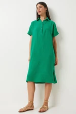 Happiness İstanbul Women's Green Polo Neck Summer Loose Muslin Dress